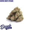 A cluster of lush Super Boof Strain buds stands out against a pristine white background. In the top left corner, "Super Boof Strain" elegantly appears, while "Dank Cannabis" is subtly placed at the bottom.